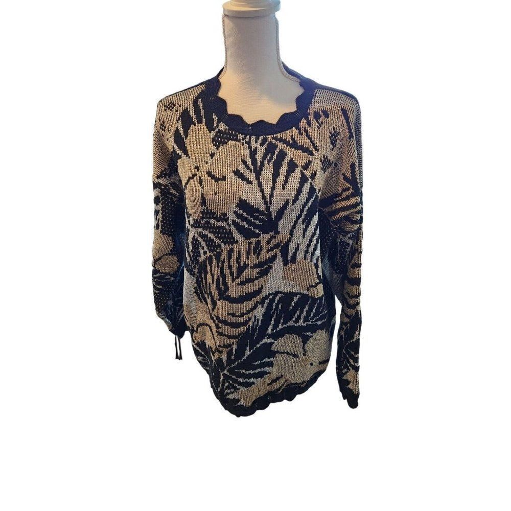 Vintage 80s Arielle Botanical Long Sleeve Sweater Gold Black Pullover